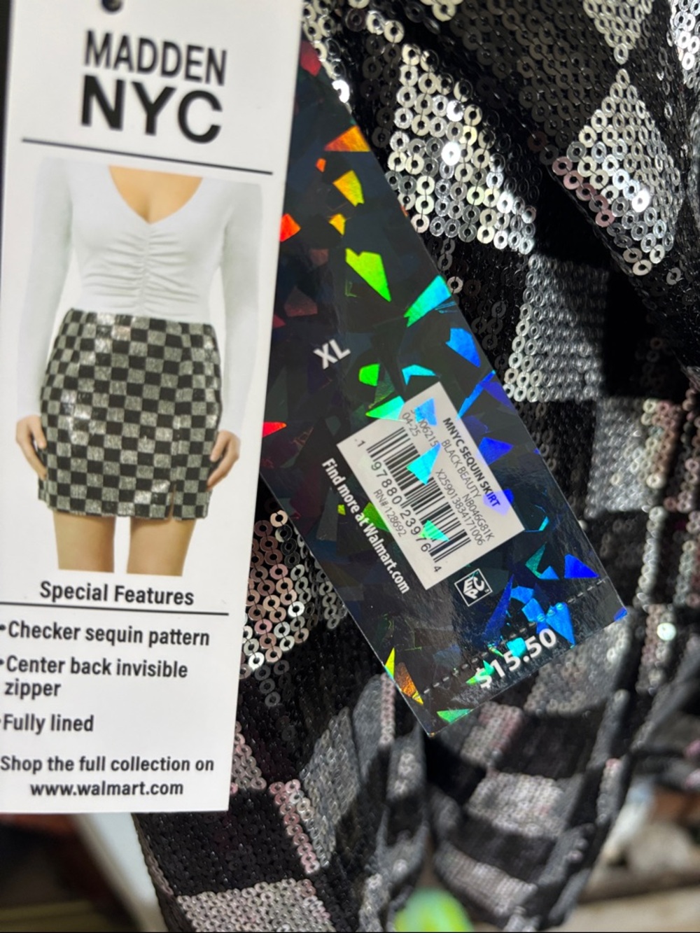 Madden NYC Black & Silver Sequin Checkerboard Mini Skirt - Picture 3 of 4